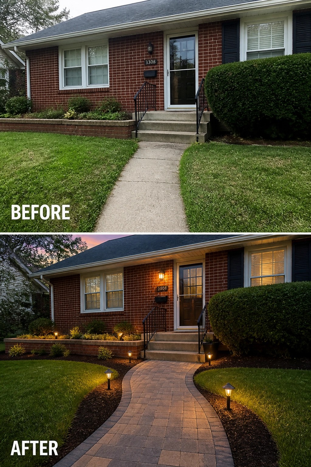Before-and-after image of a plain front walkway updated to a curved paver path with mulch beds and low path lights in front of a brick house.