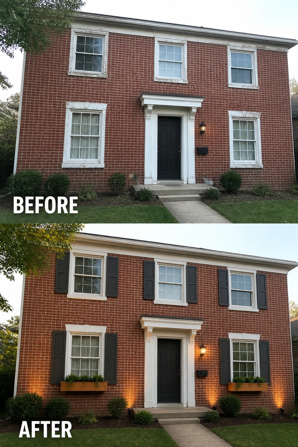Before-and-after image of a brick house facade updated with dark shutters and wooden window boxes in the after photo