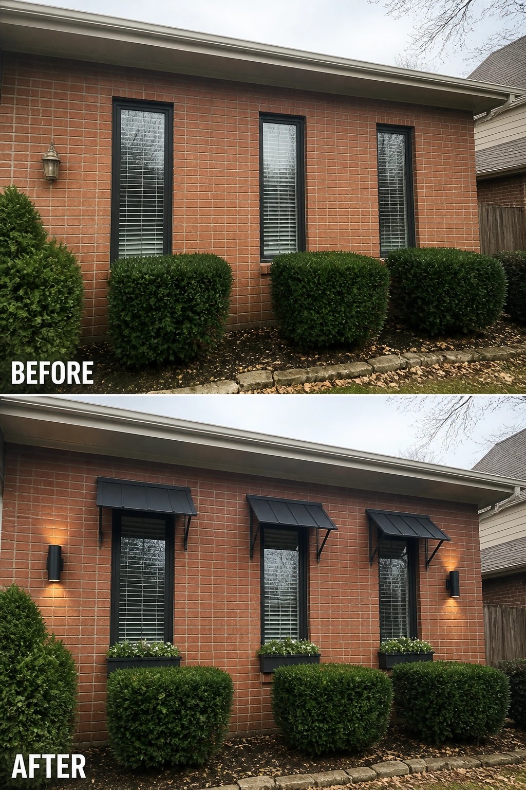Before and after brick façade with three narrow windows, added black awnings, planters, sconces