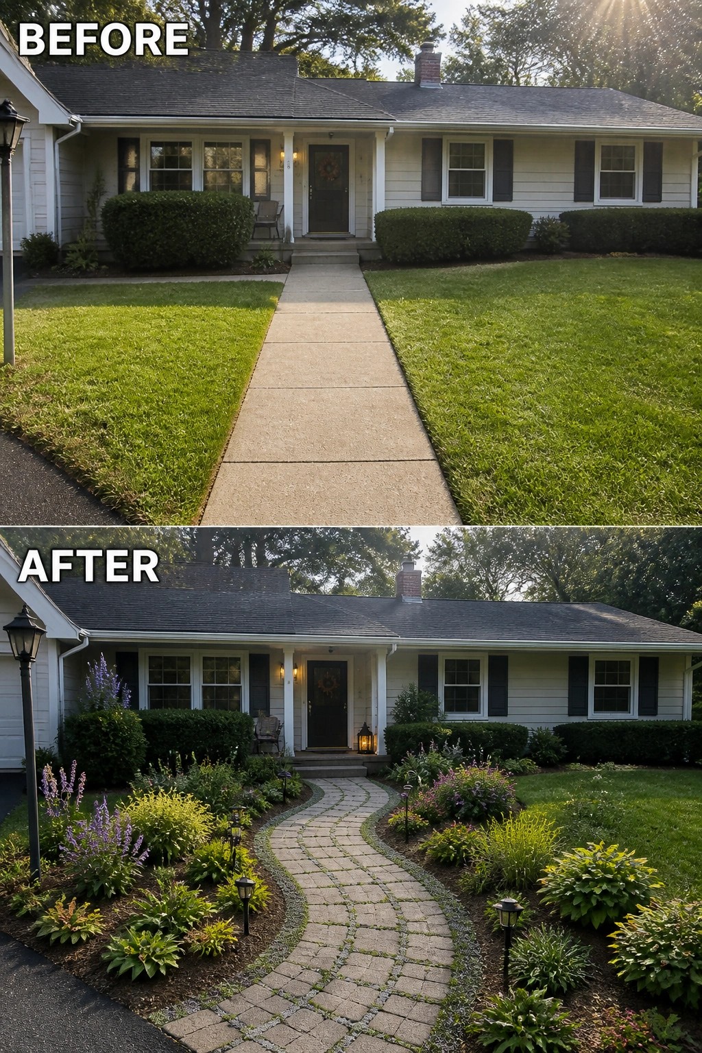 Before-and-after front yard: straight concrete path replaced by curved paver walkway with lush plantings
