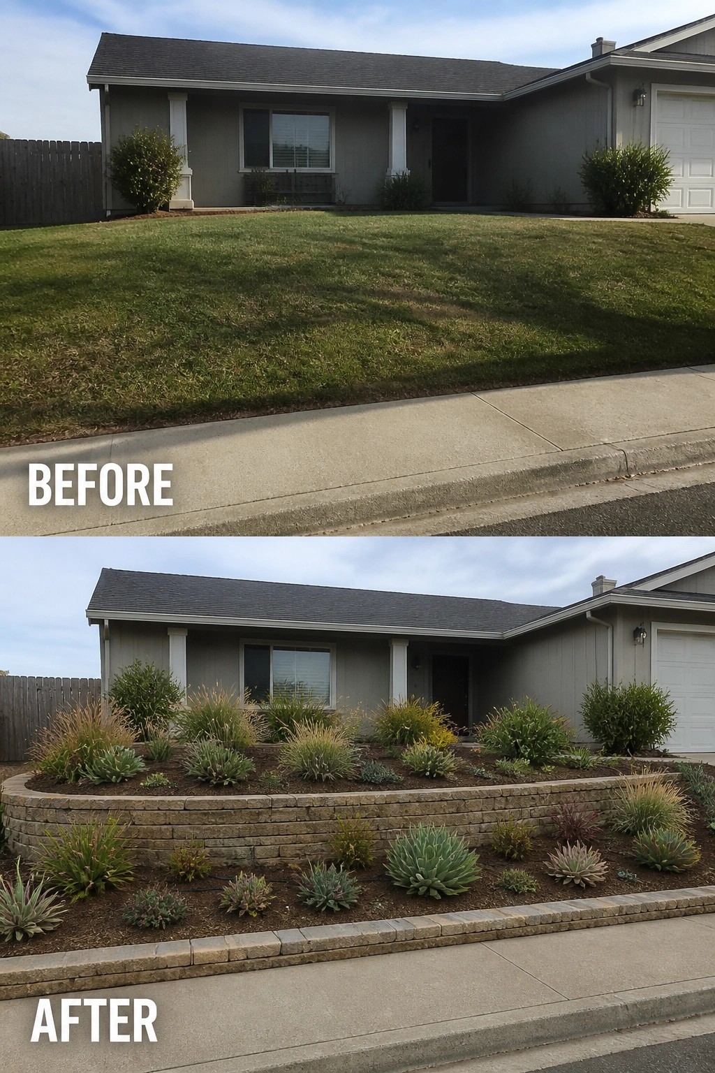 Before-and-after image of a plain grassy front yard converted into terraced stone garden beds planted with succulents and ornamental grasses.