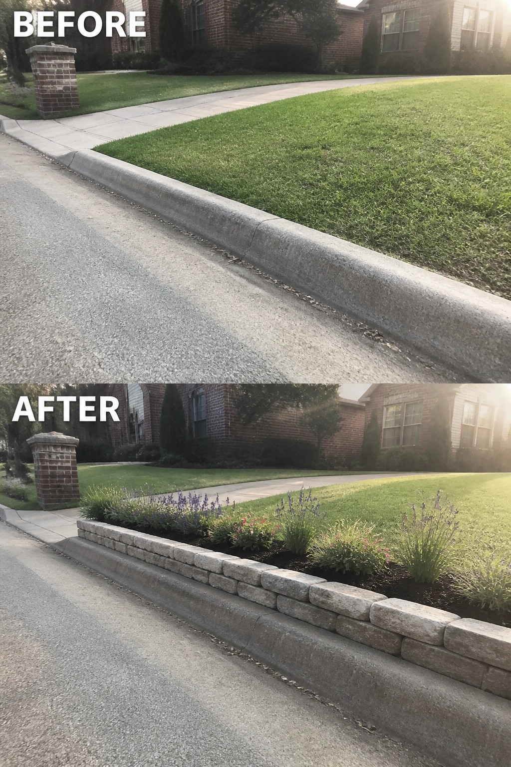 Before-and-after image of a plain front lawn updated with a low stacked-stone curbside garden bed planted with perennials and mulch.