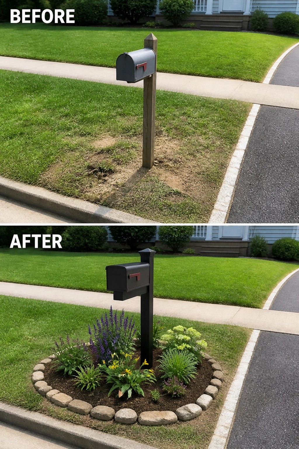 Before-and-after image showing a bare patch around a mailbox transformed into a stone-edged circular flower bed planted with perennials and mulch.