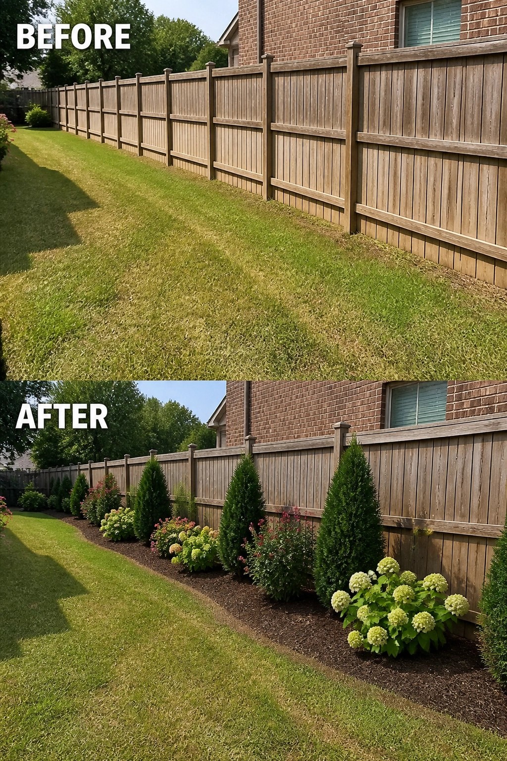 Before-and-after image of a plain grassy side yard converted into a mulched planting bed with repeating evergreen shrubs and flowering perennials along a wooden fence.