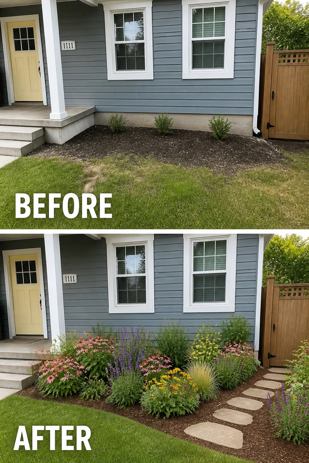 Before-and-after image of a plain front yard bed changed into a layered perennial flower bed with mulch and a simple stepping-stone path.