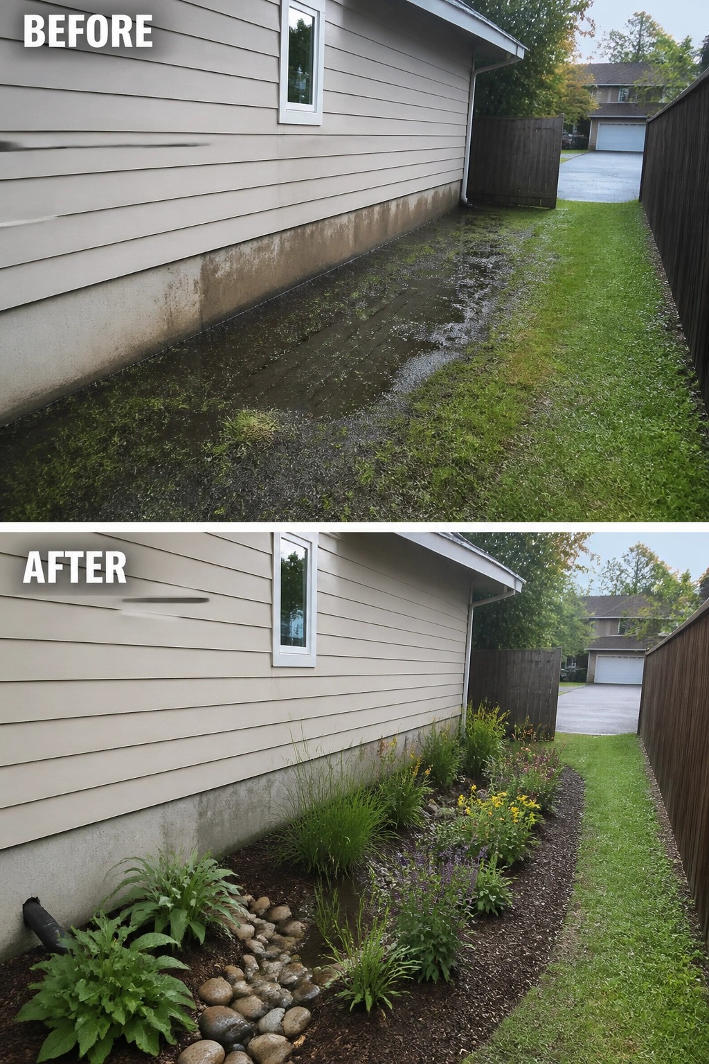 Before-and-after image of a narrow side yard that went from standing water and mud to a mulched rain garden with planted perennials and a small rock drainage channel.