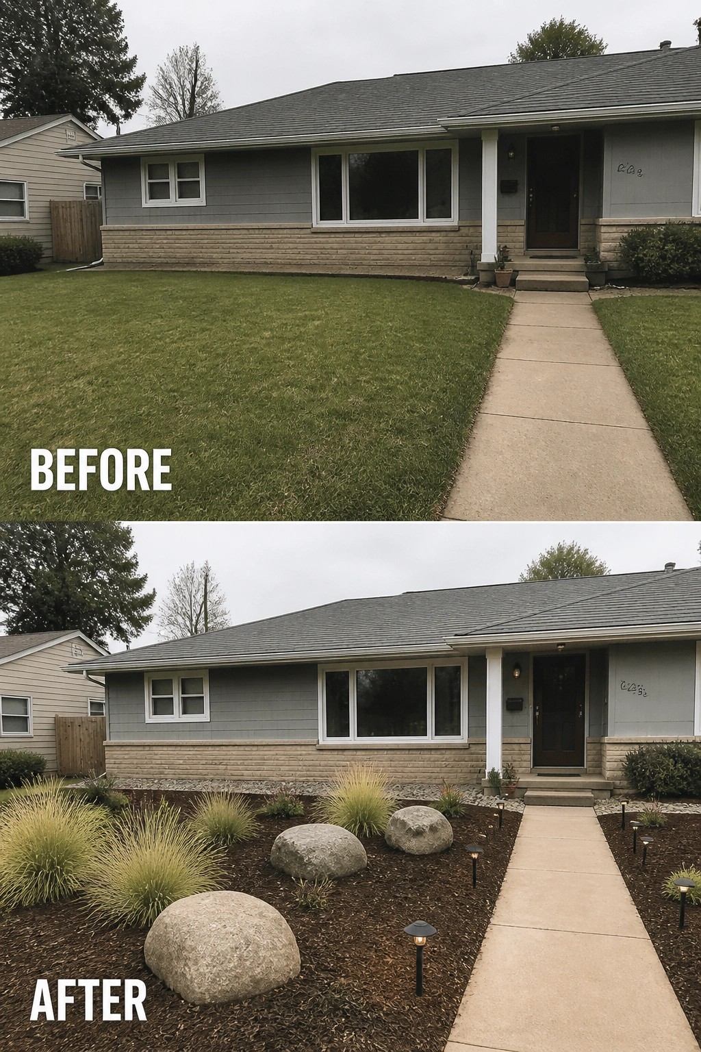 Before-and-after image of a plain front lawn changed into defined mulched garden beds with large boulders and clumps of ornamental grass.
