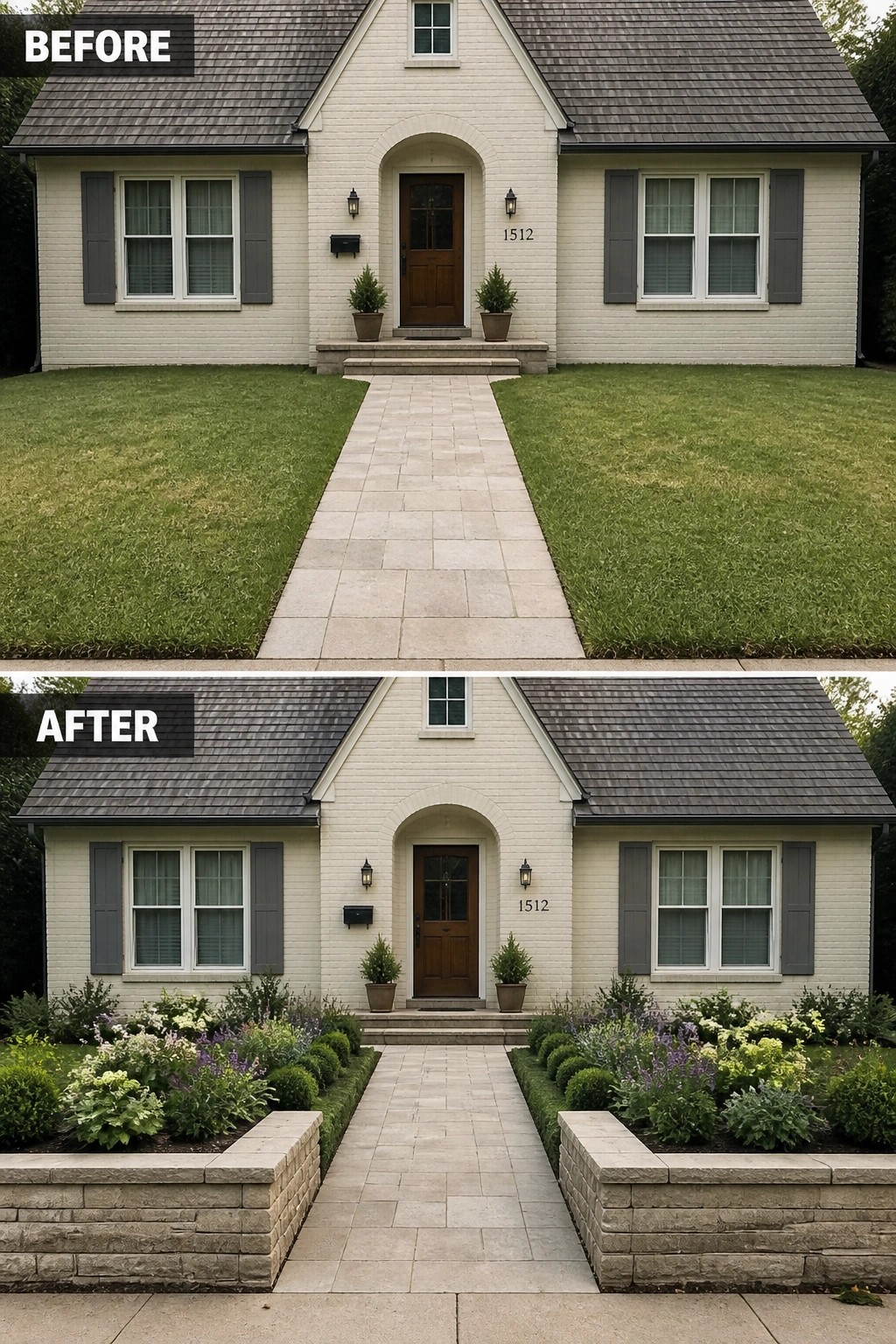 Before-and-after image of a wide front yard where a plain lawn and central walkway are updated with low stone planter walls and planted beds of shrubs and perennials.