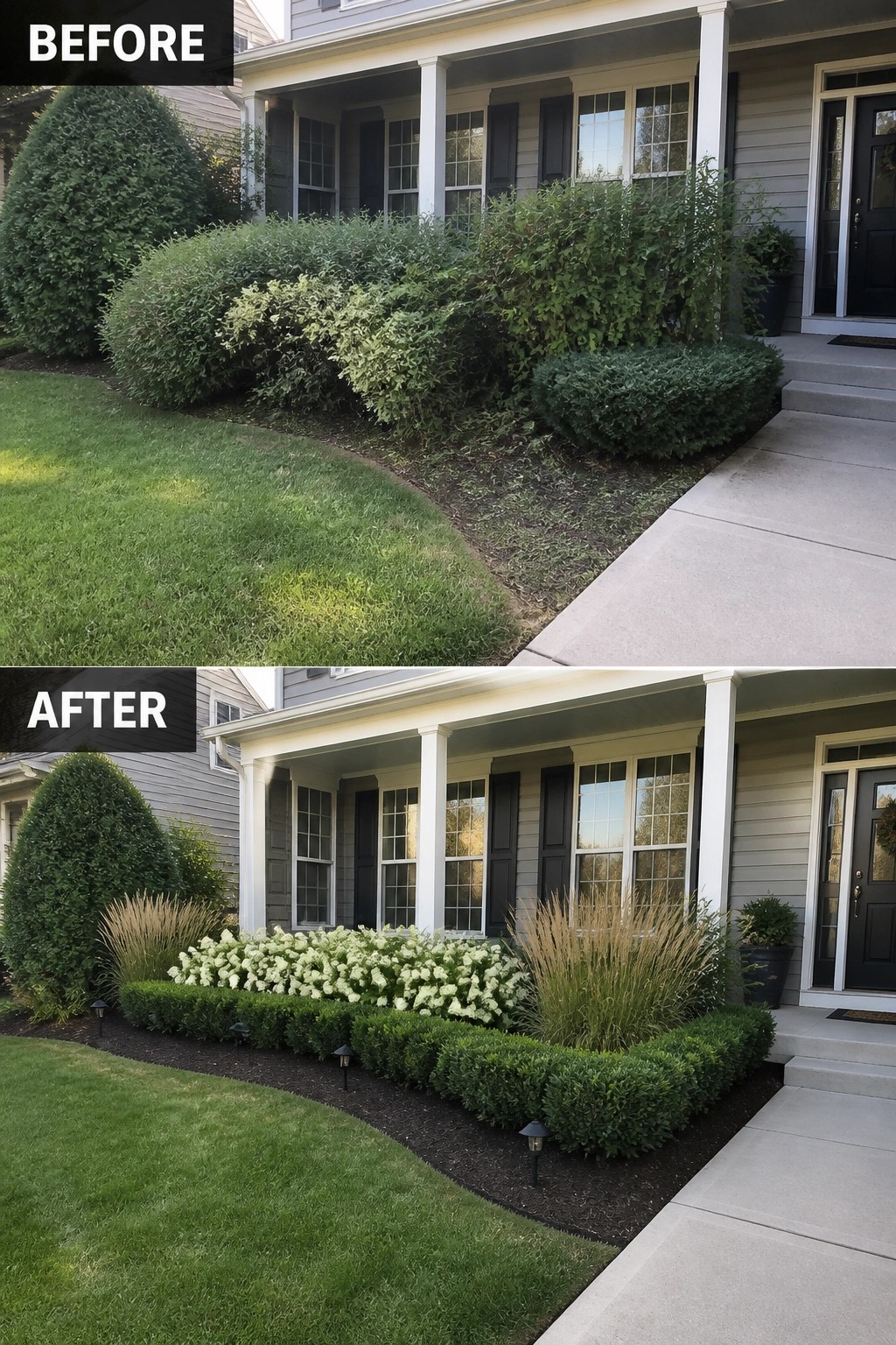 Before-and-after image of a front yard where overgrown shrubs were removed and replaced with a neat low boxwood hedge, massed white flowering plants, ornamental grasses, mulch, and pathway lights.