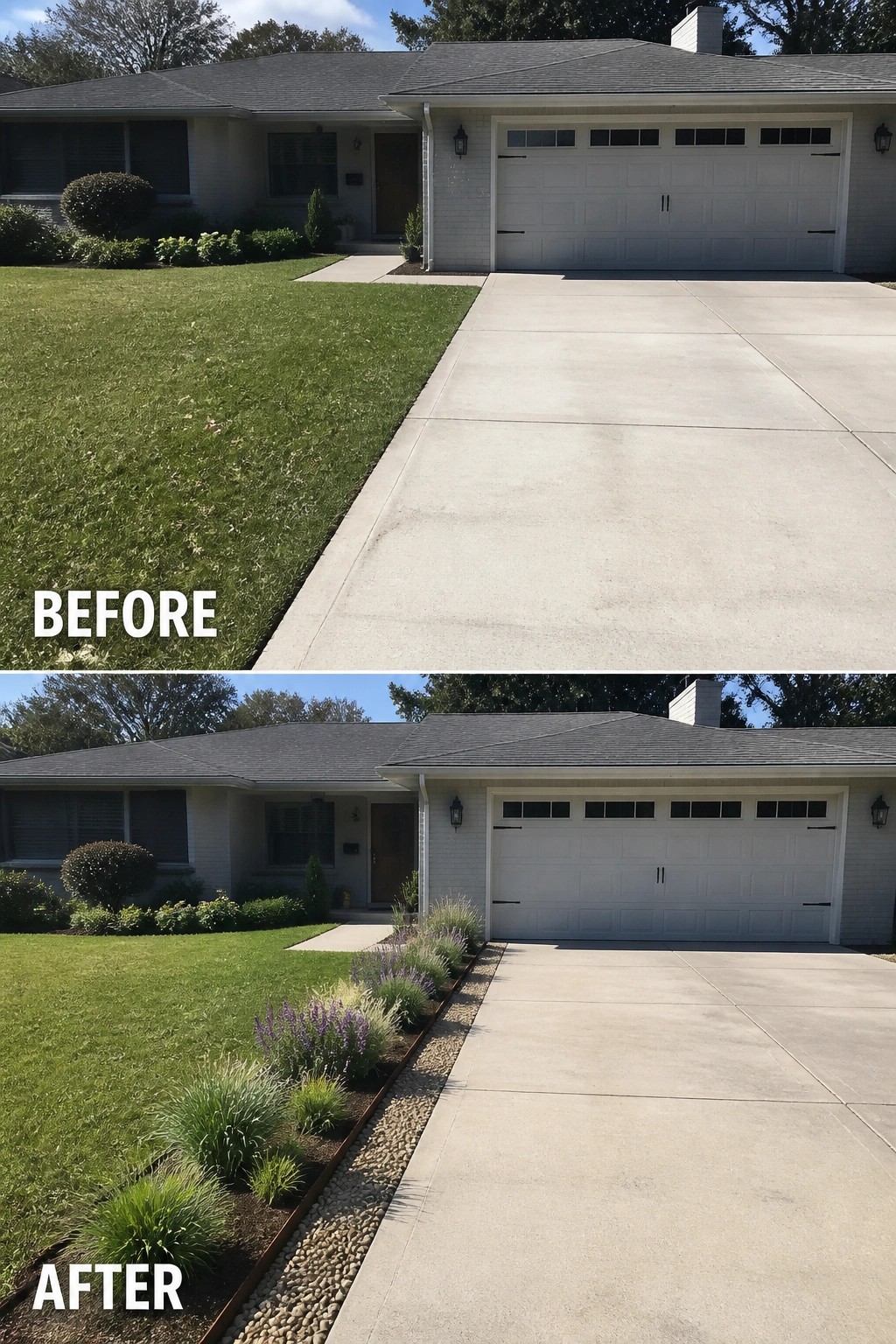 Before-and-after image of a plain lawn edge updated with a narrow planted garden bed of ornamental grasses and purple perennials, metal edging, and a strip of pebbles along the driveway.