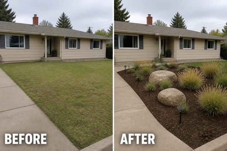 19 Practical Ranch Curb Appeal Ideas for Wide Plain Front Yards Before-and-after image of a plain front lawn changed into defined mulched garden beds with large boulders and clumps of ornamental grass.