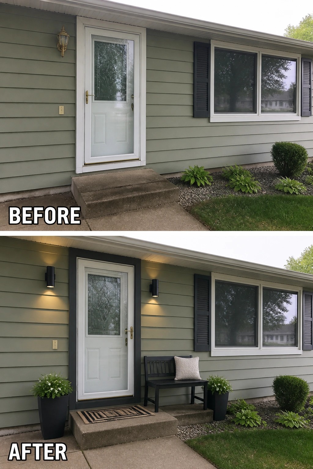 Before-and-after image of a plain front porch updated with dark door trim, wall sconces, a bench, planters, and a welcome mat.