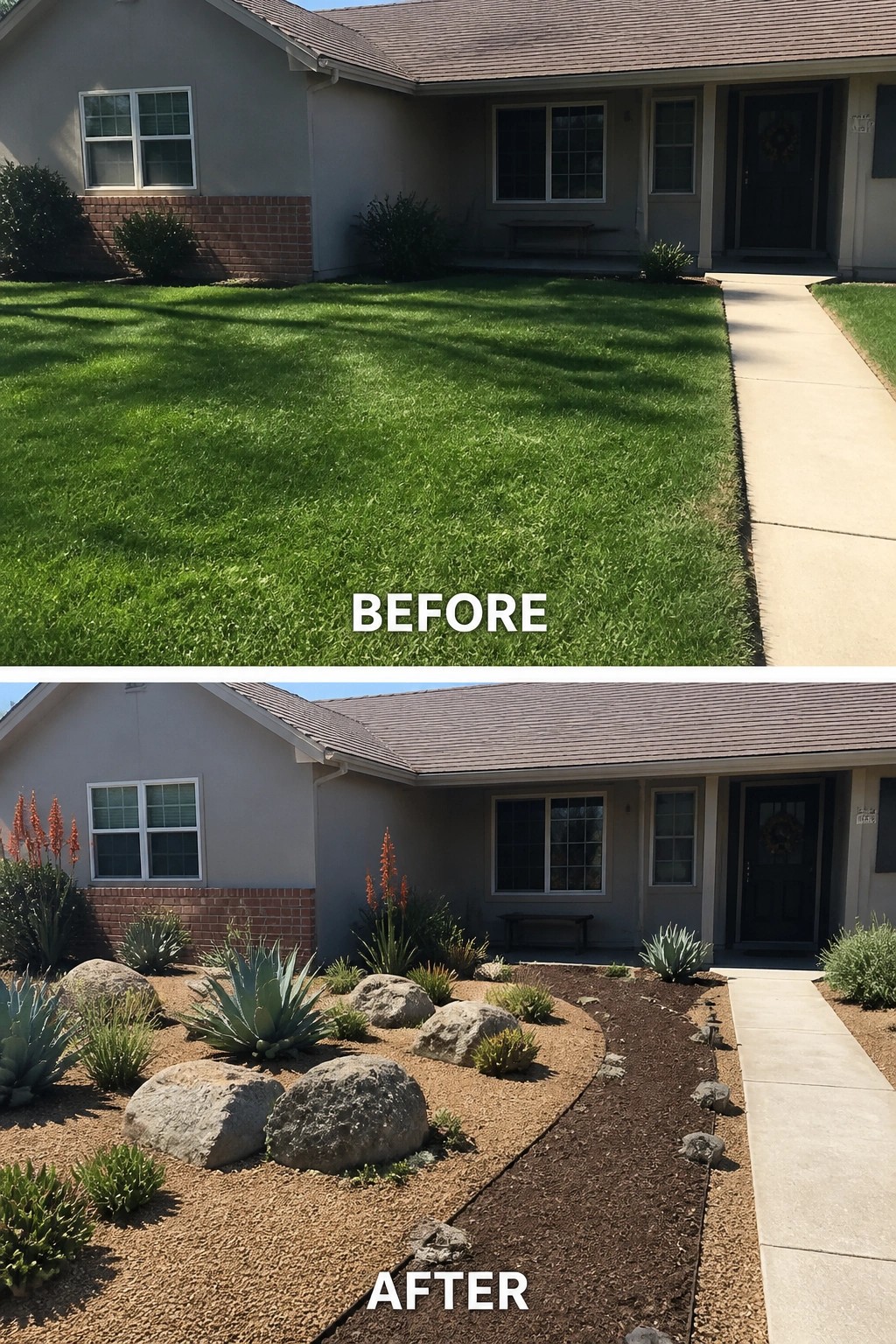 Before-and-after image of a plain grass front yard replaced with shaped gravel beds, large boulders, and drought-tolerant succulents.