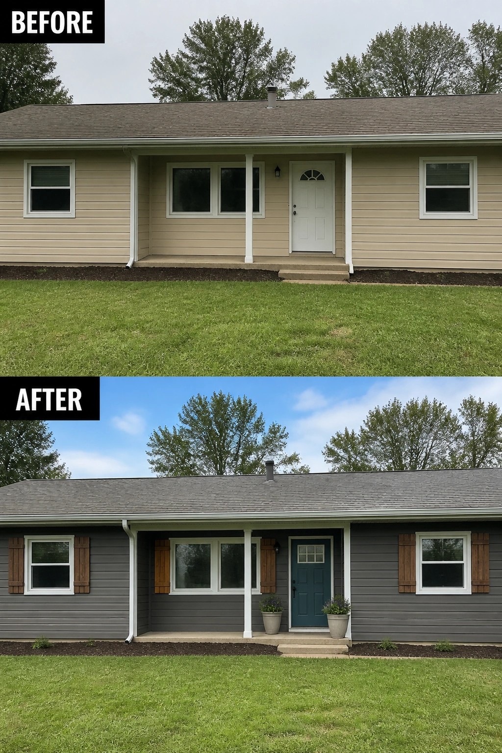 Before-and-after image of a plain ranch front updated from beige siding to dark gray siding with wooden shutters, a teal front door, and planters.