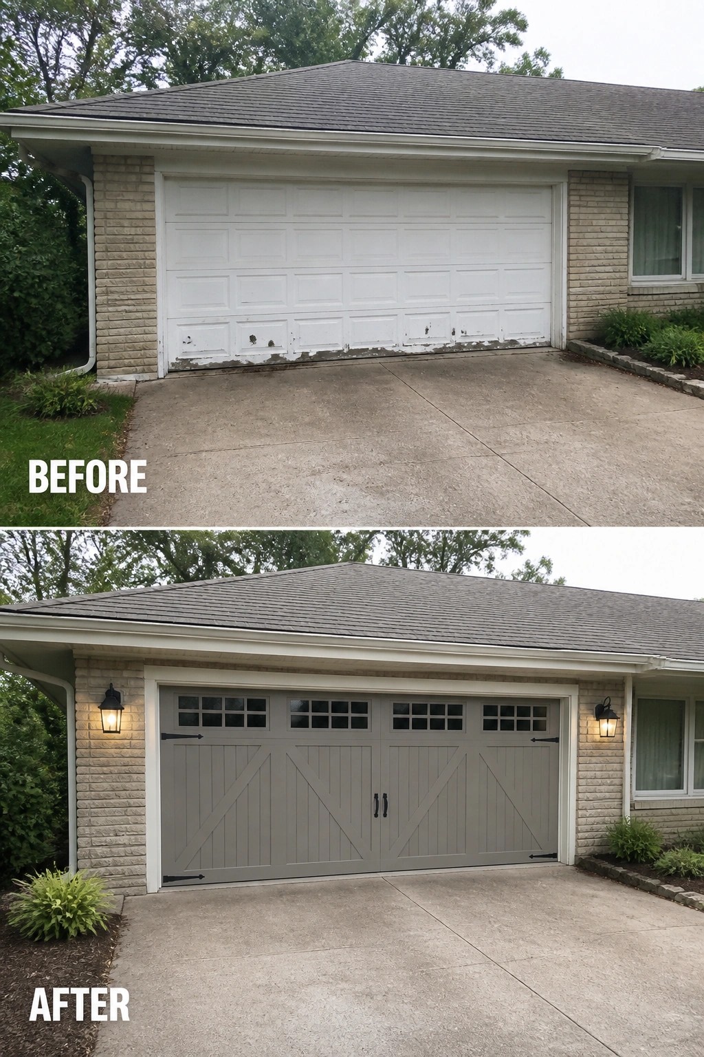 Before-and-after image of a plain white garage door replaced with a gray carriage-style garage door featuring top windows and decorative black hardware.