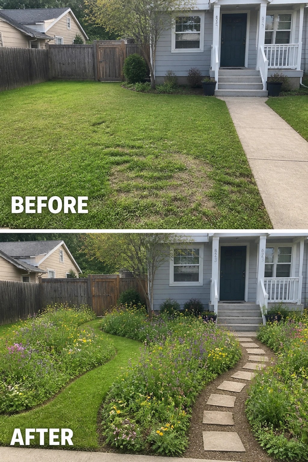 Before-and-after image of a plain front lawn changed into curved flower beds with a central stepping-stone path leading to the house.