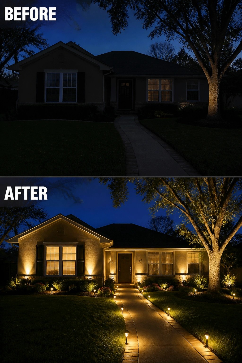 Before-and-after image of a dark front yard updated with low landscape lighting that illuminates the walkway