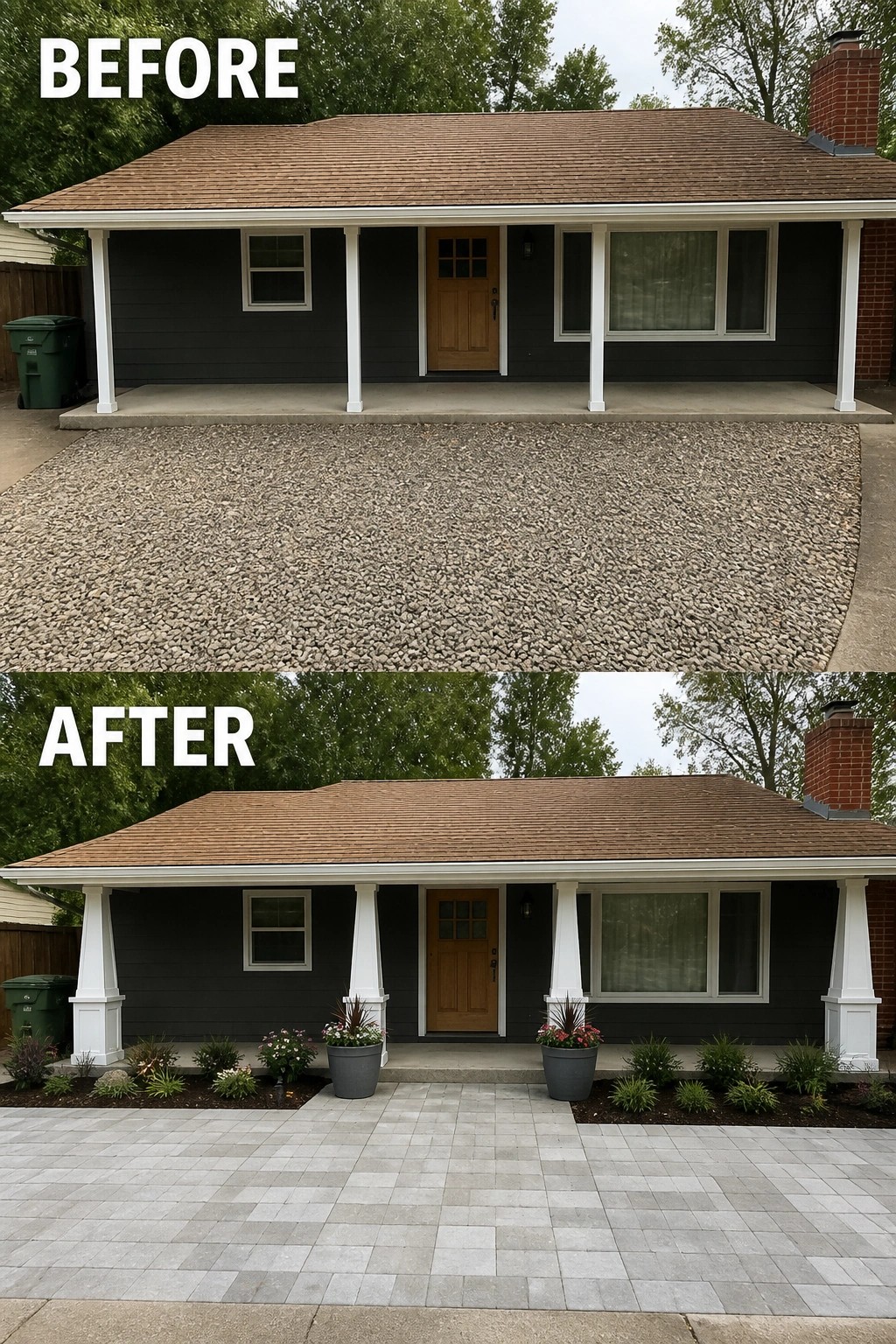 Before-and-after image of a wide ranch front yard where loose gravel was replaced with a gray paver driveway and low planting beds plus planters at the porch.