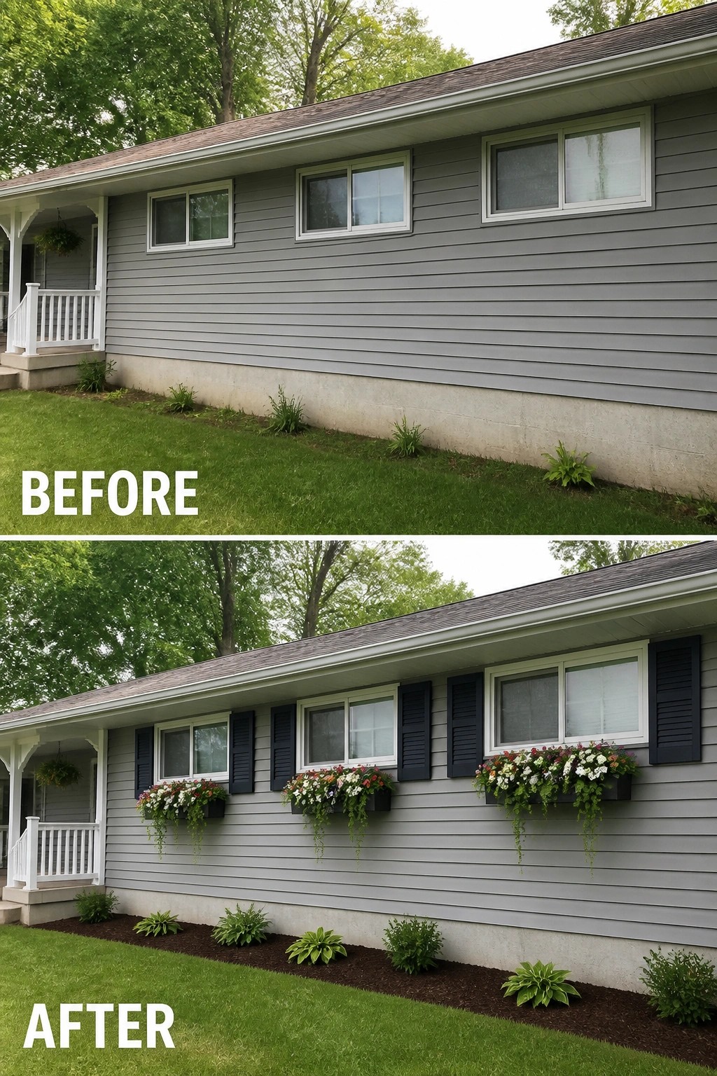 Before-and-after image of a plain ranch front where dark shutters, flower boxes under the windows, and a tidy mulched planting bed were added to the facade.