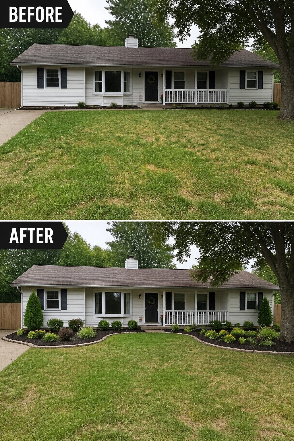 Before-and-after image of a plain front yard updated with defined curved garden beds, dark mulch, and new shrubs.