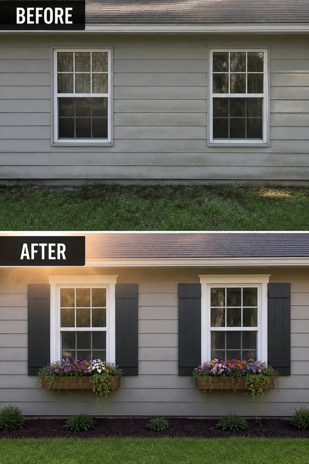 Before-and-after image of a house exterior where plain windows are updated with painted shutters and flower window boxes to add trim and color.