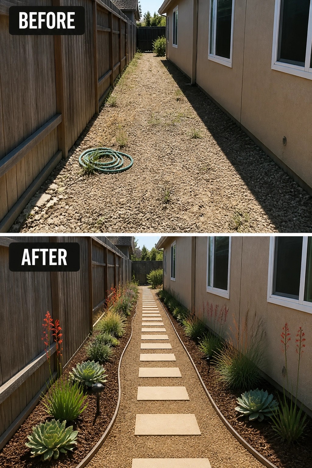 Before-and-after image of a bare gravel side yard updated with a central stepping-stone path and mulched planted beds along the house and fence.