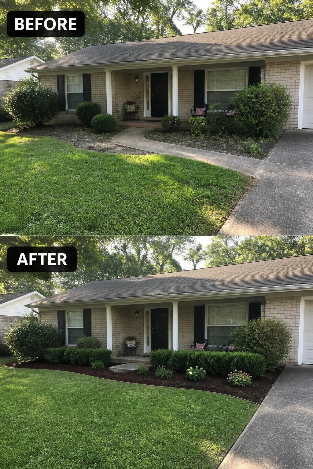 Before-and-after image of a front yard where an overgrown, unstructured border is replaced by a defined, mulched garden bed with low hedges and new plantings.