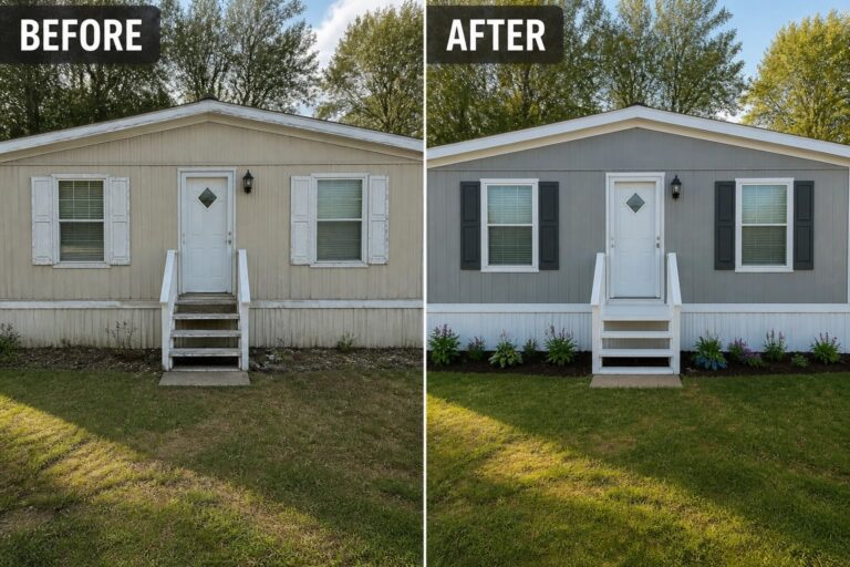 Before-and-after image of a single-wide mobile home updated from beige siding to gray with white trim, dark shutters, and a low planted border.