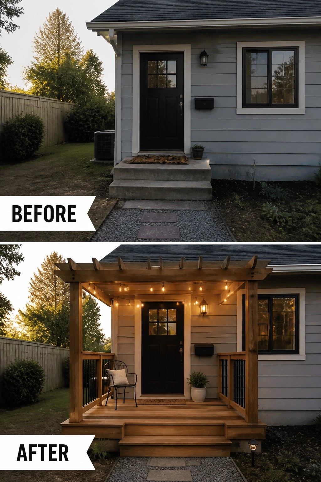 Before-and-after image of a bare front entry updated with a small wooden deck and pergola, railing, string lights, a chair, and a planter.