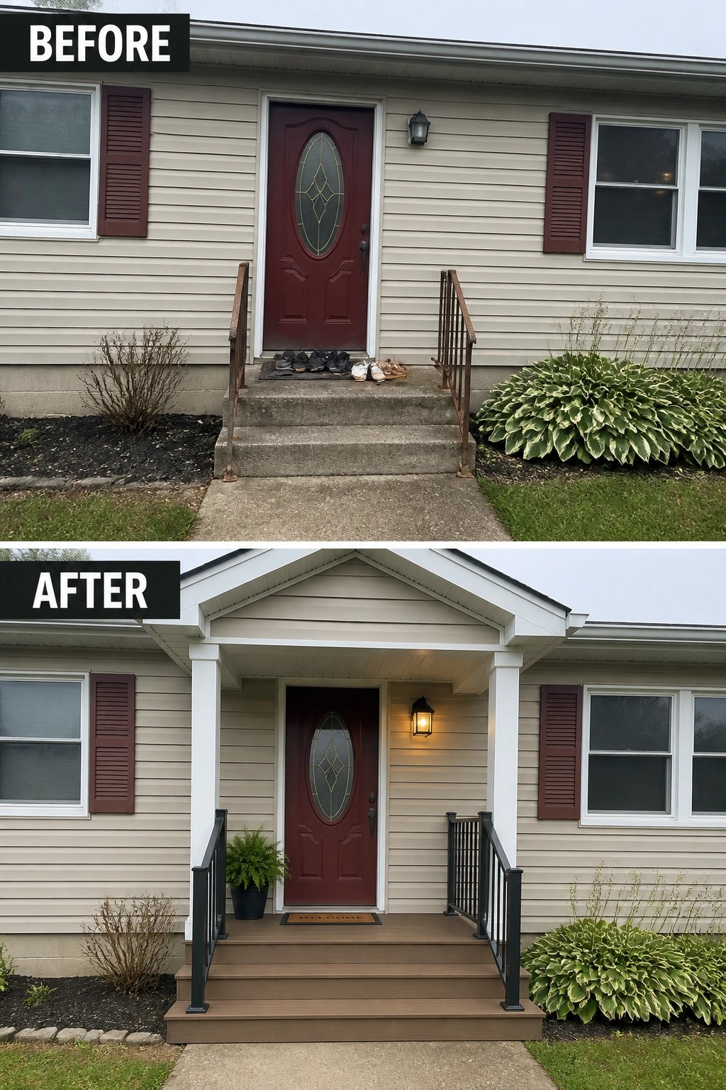 Before-and-after image of a front entry where plain concrete steps have been replaced with a covered porch featuring composite decking, columns, railings, and a wall lantern.