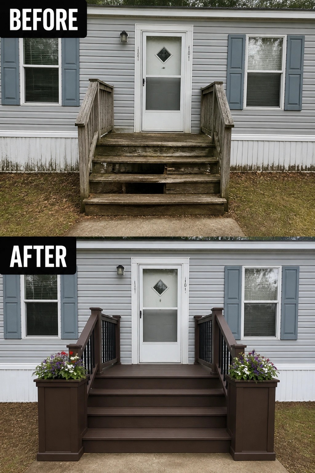 Before-and-after image of a single-wide home entry where old rotted wooden steps were replaced by a wider dark composite stair and landing with new railings and planter boxes.