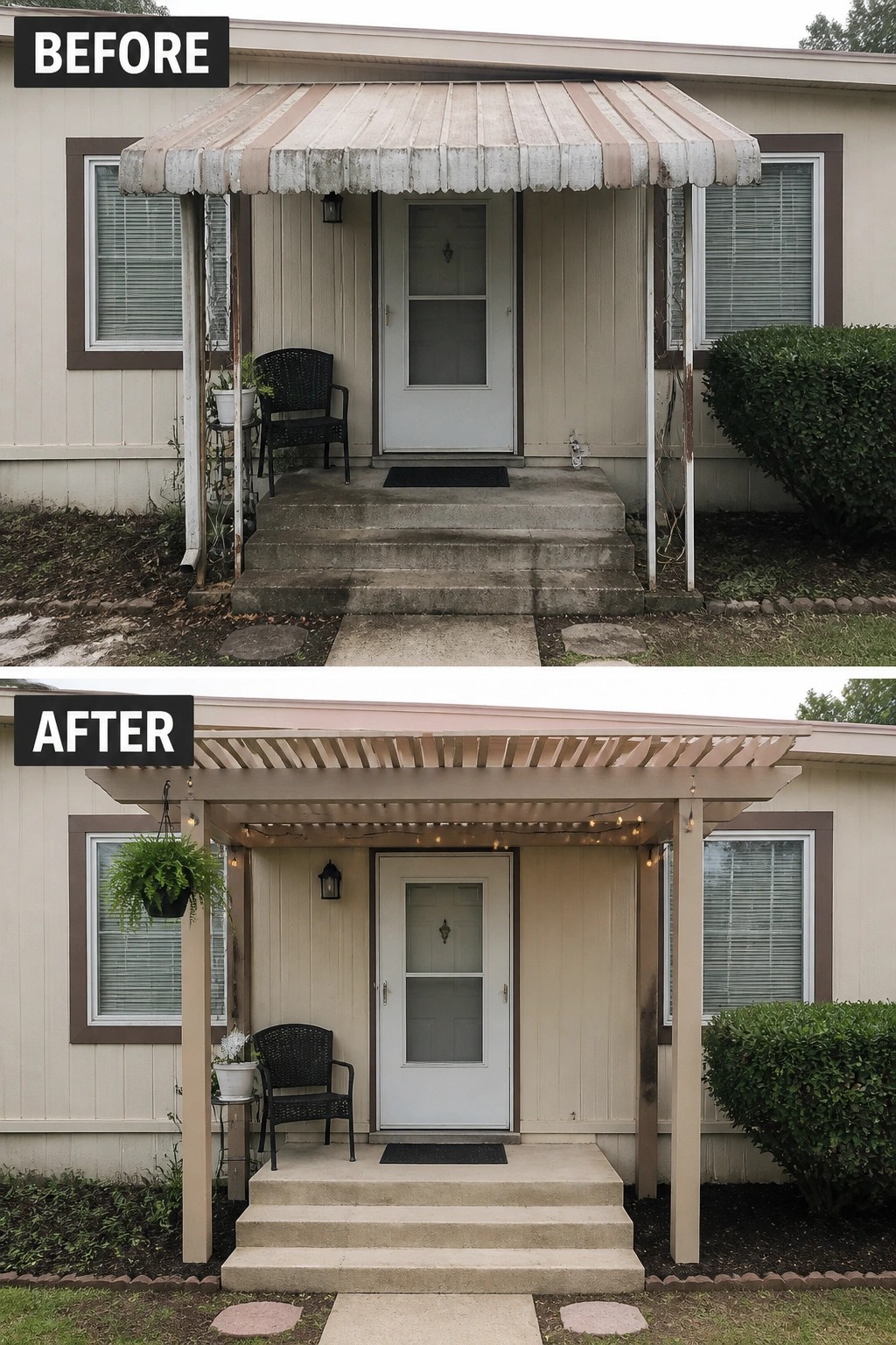 Before-and-after image of a small front porch where a worn metal awning was replaced by a painted pergola with string lights, a hanging plant, and cleaner steps.