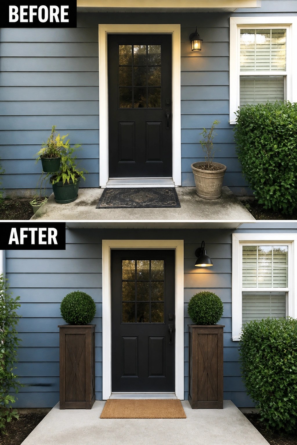 Before-and-after image of a small front porch updated by replacing mismatched pots with matching tall planters, adding a new wall light, and swapping the doormat.
