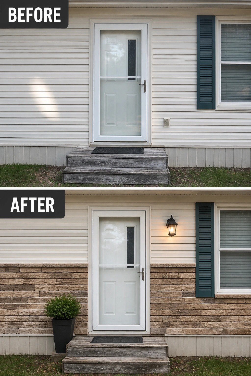 Before-and-after image of a plain mobile home front entry updated with stone veneer on the lower facade, a wall lantern, and a potted plant.