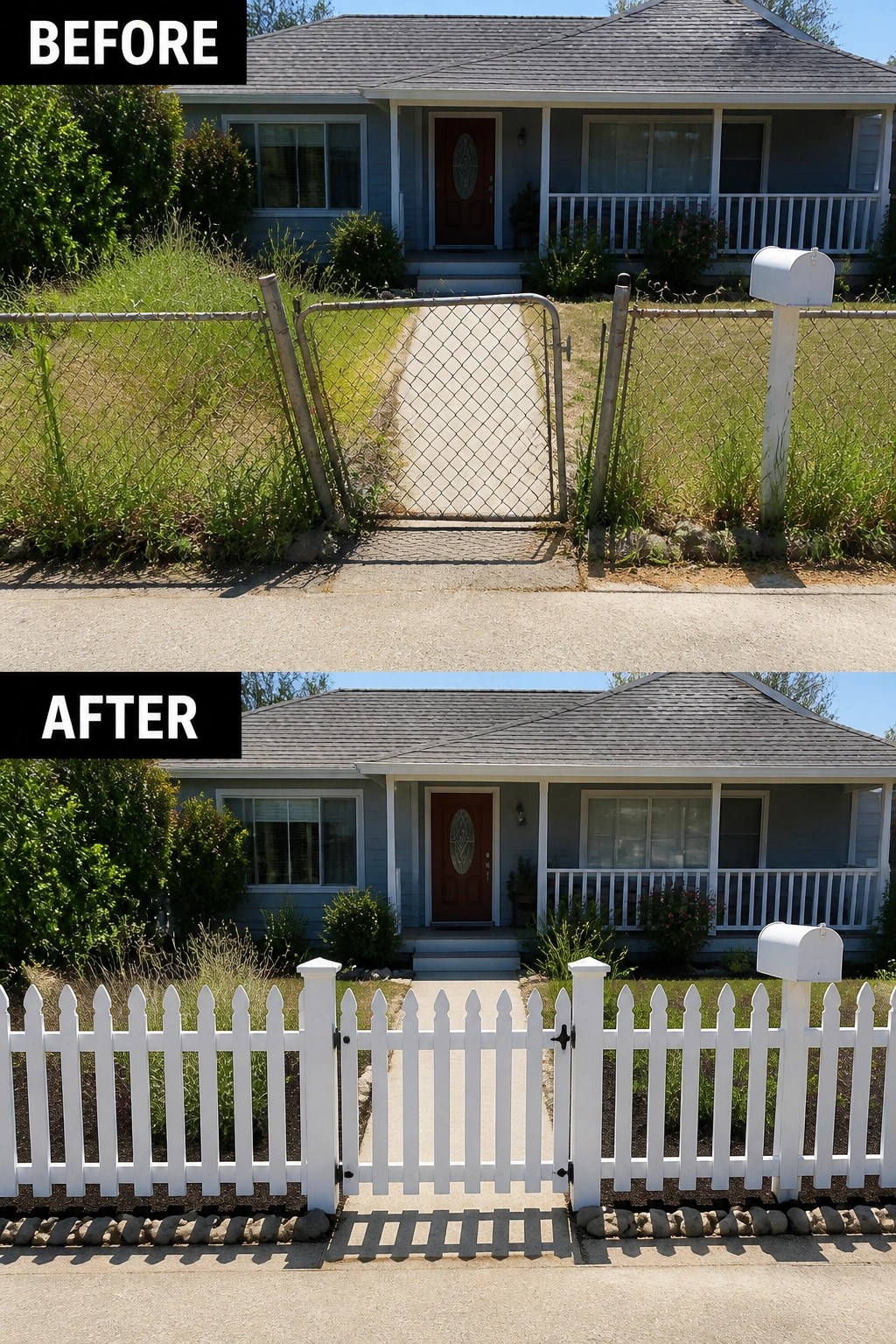 Before-and-after image showing a yard with a rusted chain-link fence and overgrown grass replaced by a white picket fence with a centered gate and cleaned planting beds.
