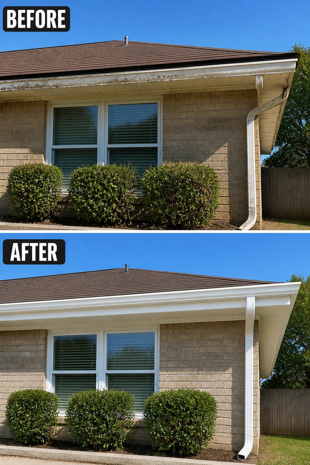 Before-and-after image of a house exterior where old peeling fascia and a warped downspout are replaced with fresh white trim and a new downspout.