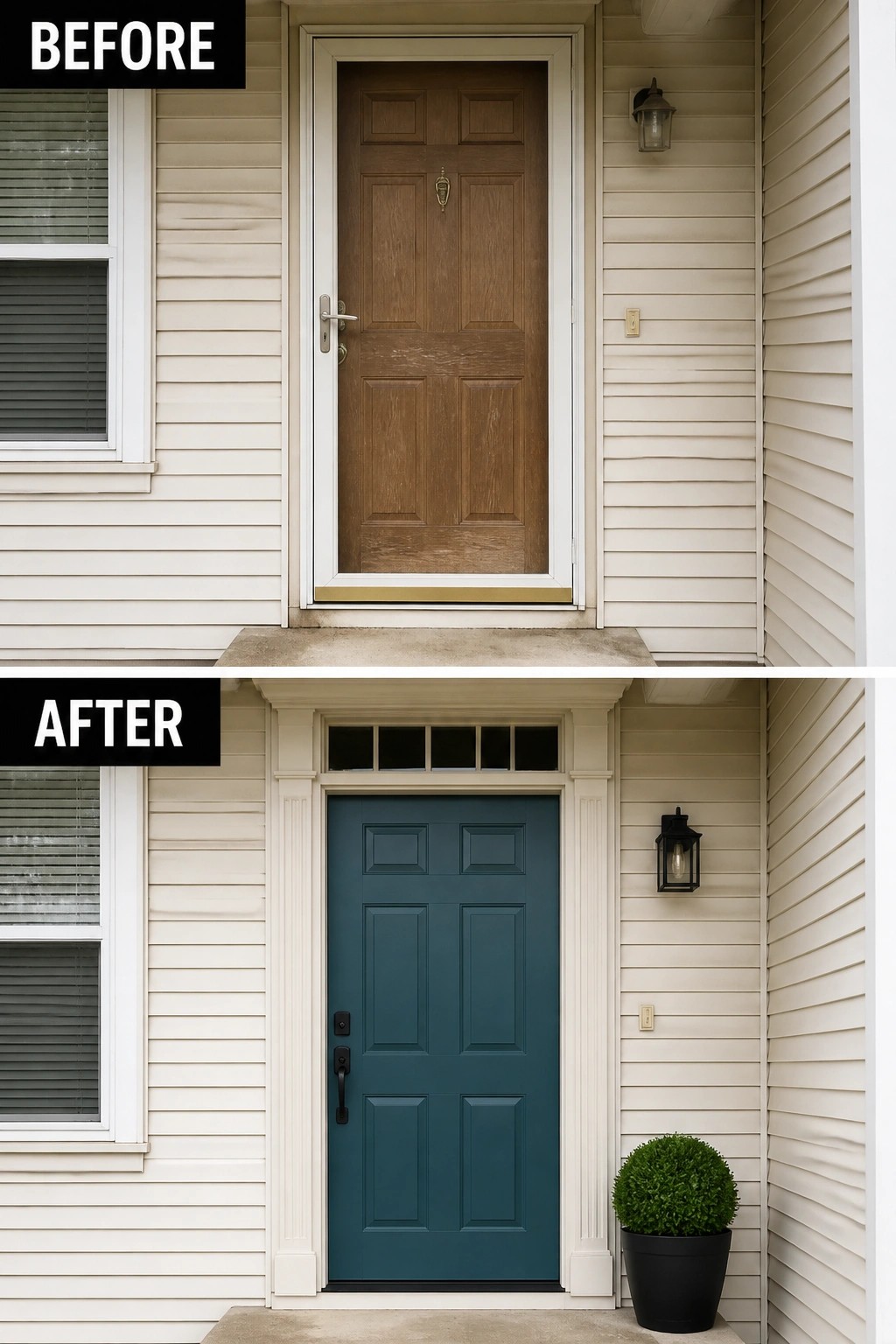 Before-and-after image of a front entry where a plain brown door is updated to a painted teal door with trim and a potted plant.