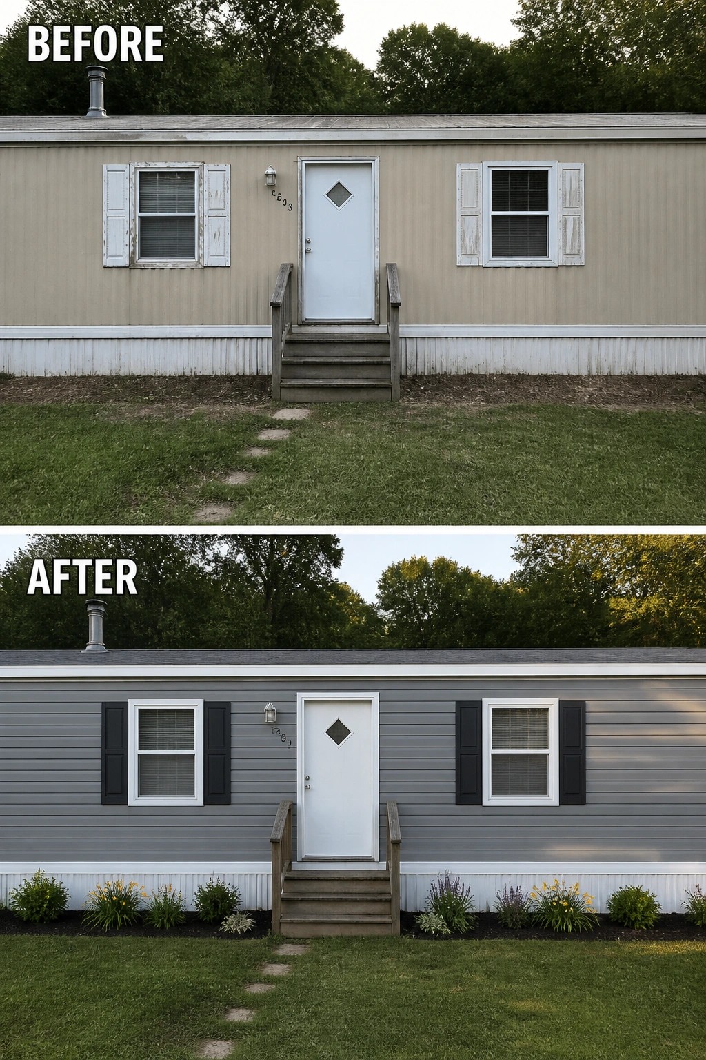 Before-and-after image of a single-wide mobile home updated from beige siding to gray with white trim, dark shutters, and a low planted border.