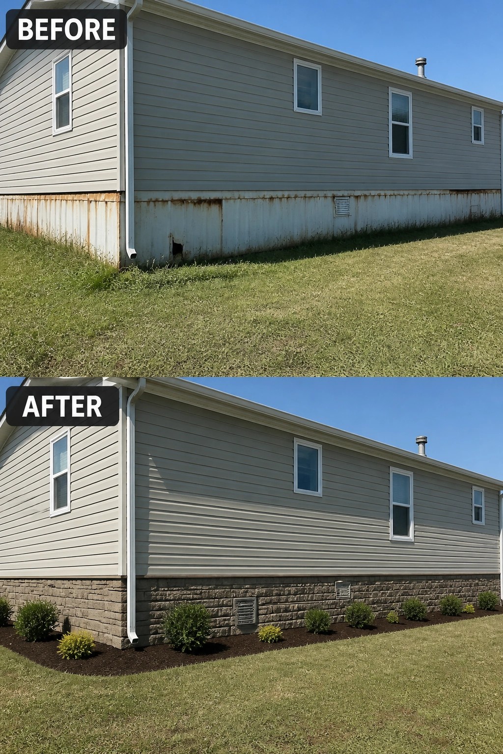 Before and after mobile home: rusted metal skirting replaced with stone veneer, mulch, shrubs.