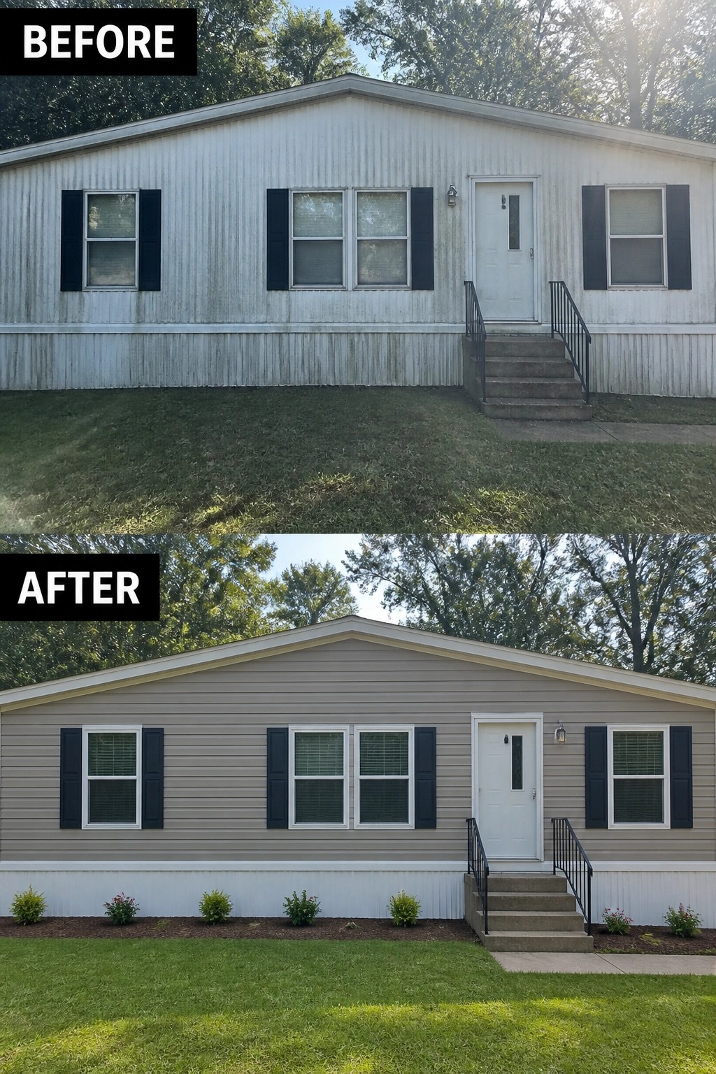 Before-and-after image of a single-wide home where old stained vertical siding is replaced with new horizontal siding, fresh white trim, and small foundation plantings.