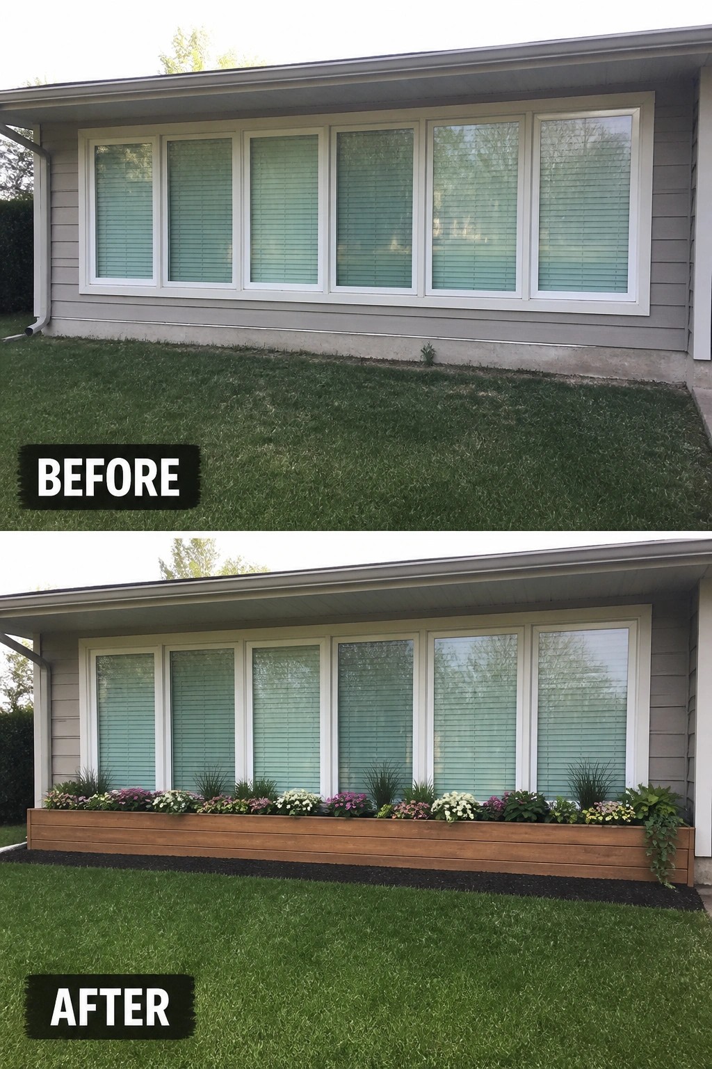 Before-and-after image of a house facade where a bare foundation and lawn were updated with a long wooden raised planter filled with flowering plants and mulch.