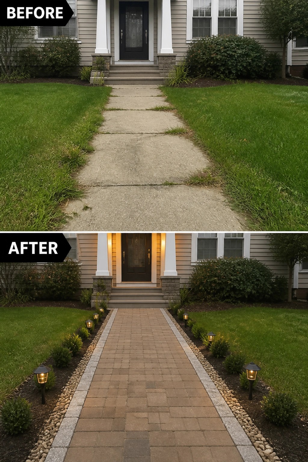 Before-and-after image of a front walkway where a cracked concrete path is replaced with a bordered paver path, pebble strip, small shrubs, and low path lights.
