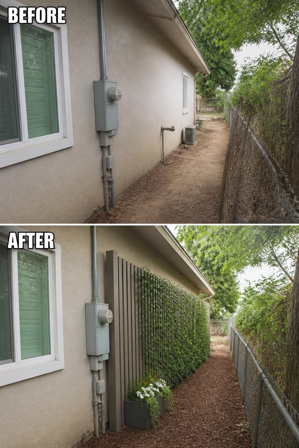 Before and after narrow stucco side yard: bare dirt replaced by trellis, mulch, planter boxes