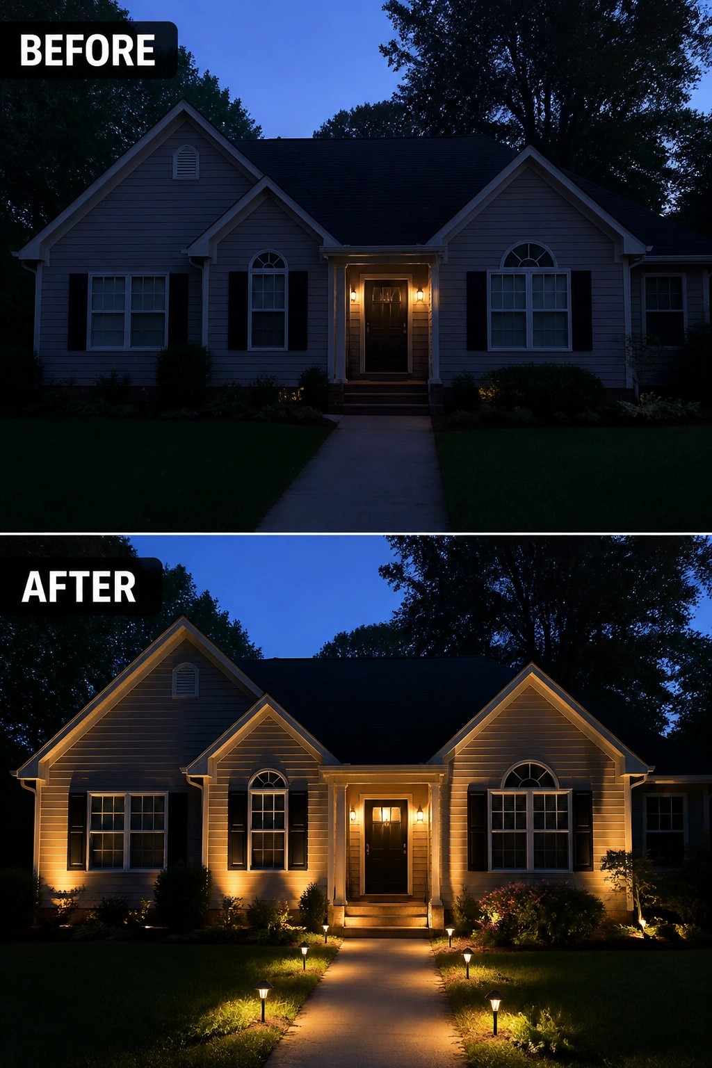Before-and-after image of a house exterior where pathway lights, porch sconces, and low uplighting were added to illuminate the façade and walkway.