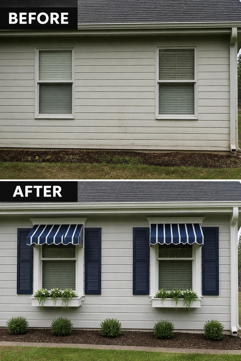 Split before-and-after house exterior: plain windows transformed with navy shutters, striped awnings, flower boxes shrubs