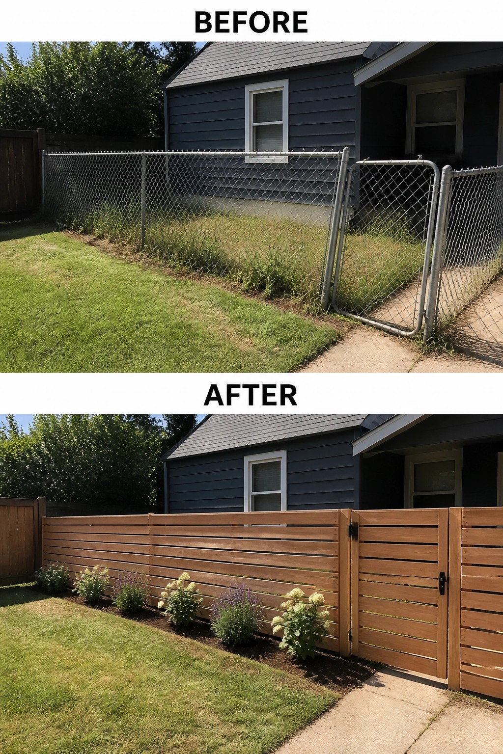 Before-and-after image of a small front yard where a chain-link fence and overgrown grass were replaced by a horizontal wooden privacy fence with a narrow planted border.