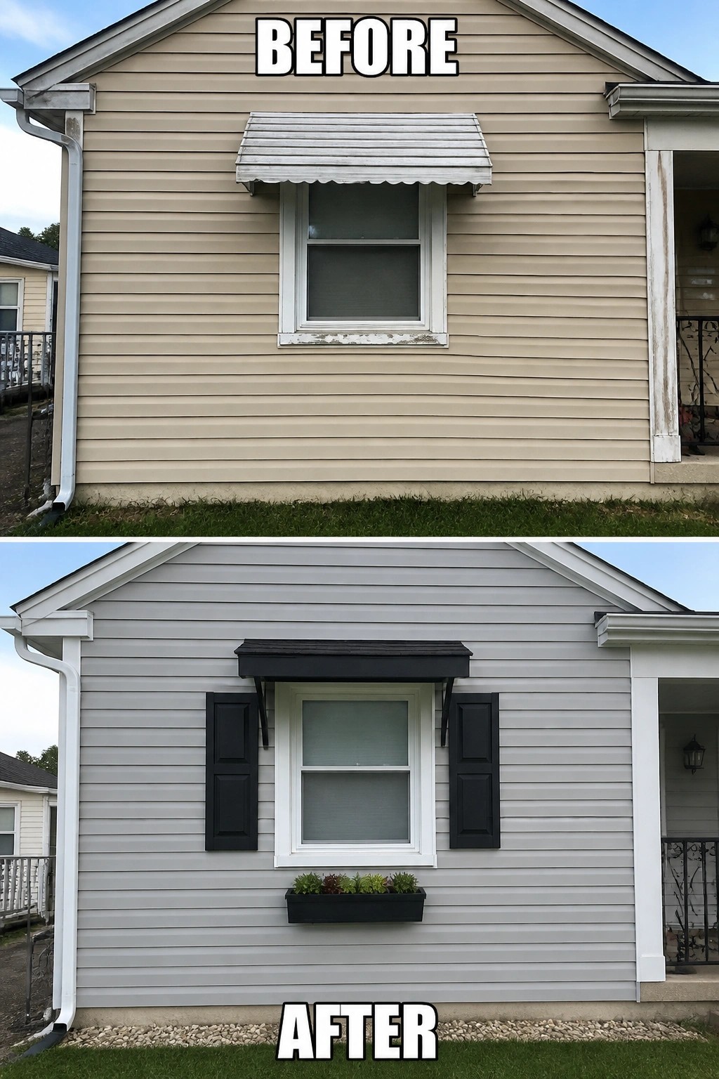 Before-and-after image of a small house facade updated with added shutters, a painted awning, and a window planter.