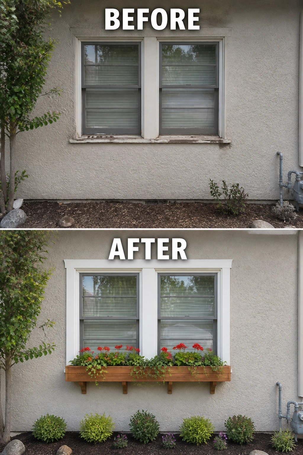 Before-and-after image of a plain exterior window updated with white trim and a wooden window box planted with flowers.