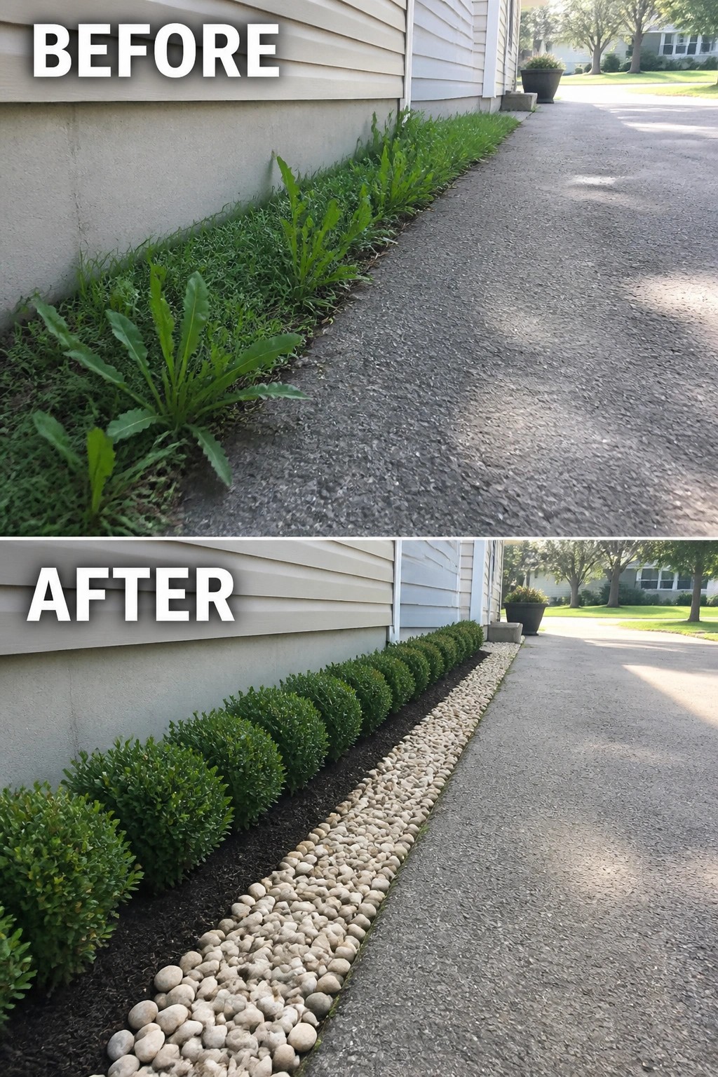 Before-and-after image showing a narrow weedy strip beside a driveway changed into a tidy planting bed with a row of small boxwood shrubs and a gravel border.