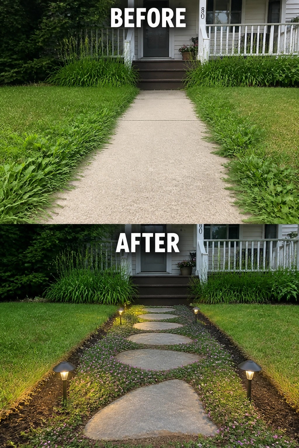 Before-and-after image of a plain concrete front walkway changed into a stepping-stone path set in low groundcover and lit by small path lights.